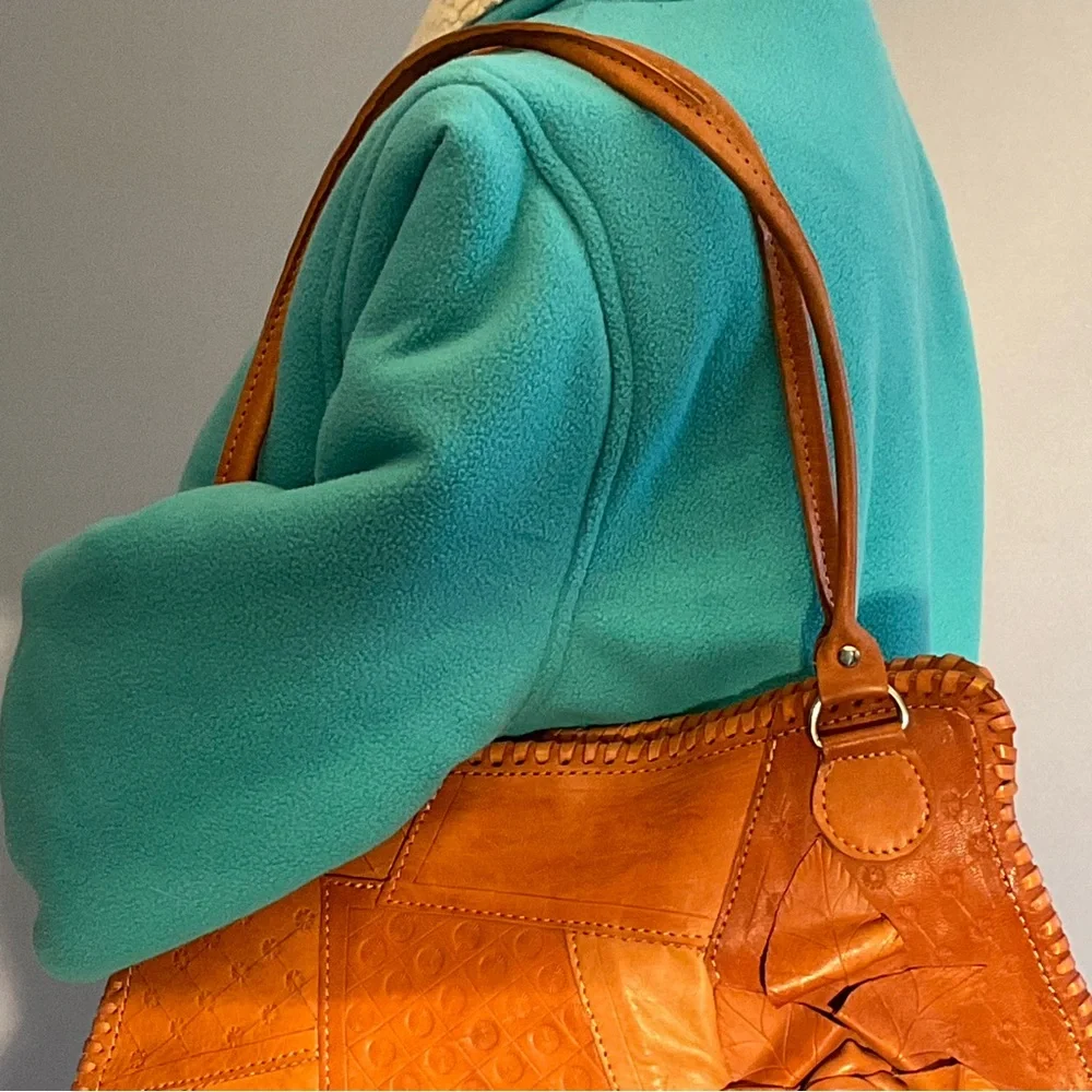 Handcrafted Patchwork Leather Tote Rose Appliqué Free People Anthro Festival - Picture 6 of 13